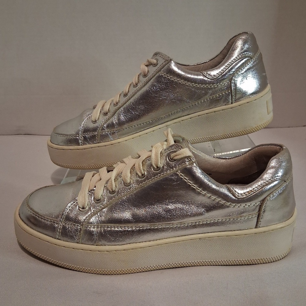 Free People US 7 EU 38 Silver Metallic Platform Leather Sneakers Shoes Women's